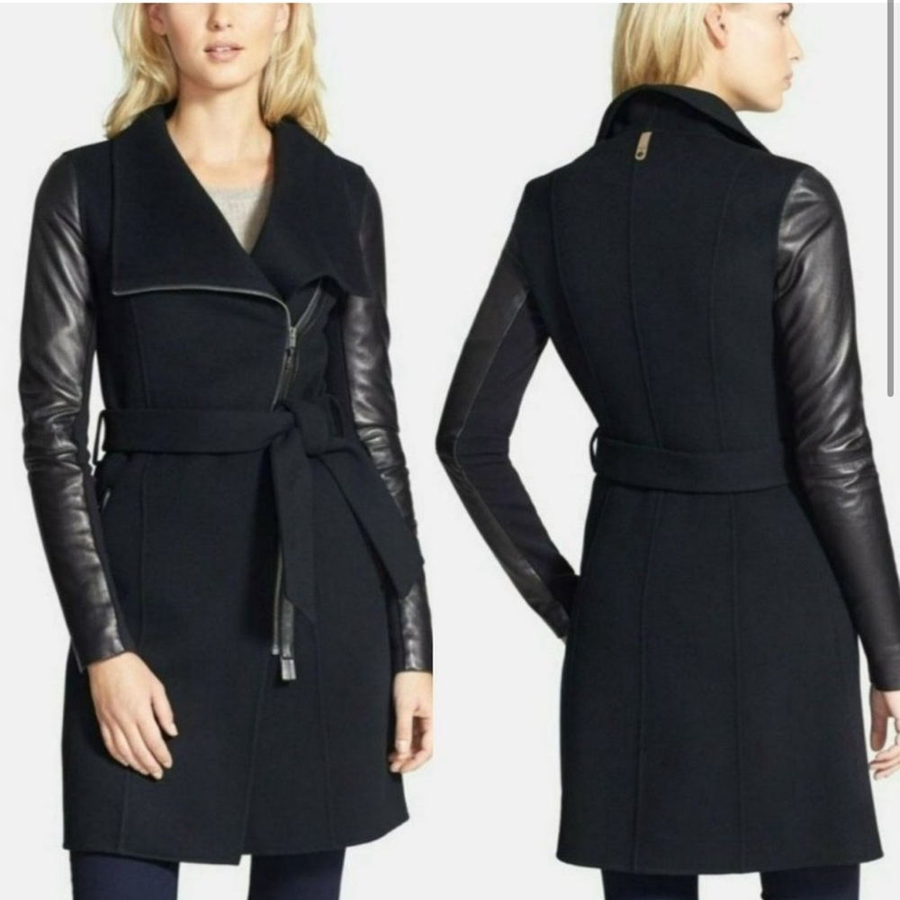 Mackage 'Hemy' Leather Sleeve Asymmetrical Long Coat size XS Like New